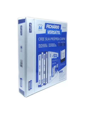 FICHÁRIO VERSÁTIL 60MM C/4 ARGOLAS, EM PVC BRANCO, CAPA E DORSO PERSONALIZÁVEL, CAPACIDADE P/420 FLS, FORMATO A4