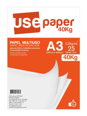 PAPEL SULFITE 120 GSM (40 KG), PCT C/25 FLS, FORMATO A3, BRANCO