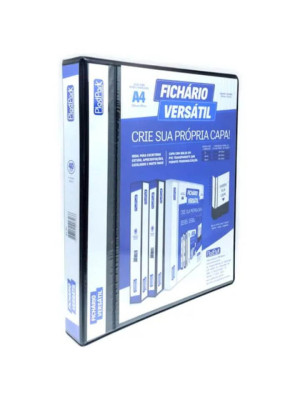 FICHÁRIO VERSÁTIL 40MM, C/4 ARGOLAS, EM PVC PRETO, CAPA E DORSO PERSONALIZÁVEL, CAPACIDADE P/240 FLS, FORMATO A4