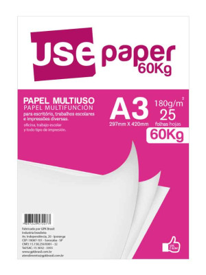PAPEL SULFITE 180 GSM (60 KG), PCT C/25 FLS, FORMATO A3, BRANCO