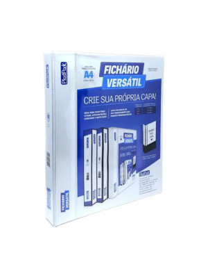FICHÁRIO VERSÁTIL 40MM C/2 ARGOLAS, EM PVC BRANCO, CAPA E DORSO PERSONALIZÁVEL, CAPACIDADE P/240 FLS, FORMATO A4