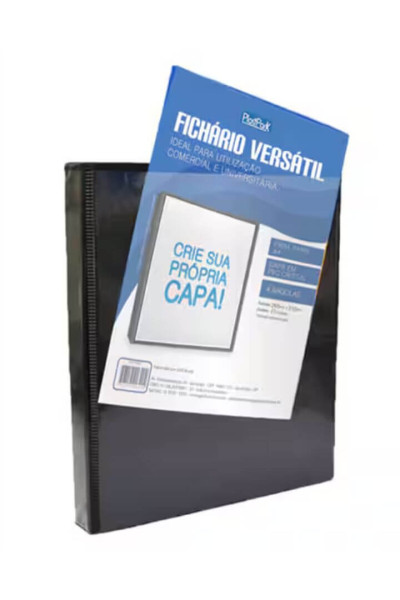 FICHÁRIO UNIVERSITÁRIO EM PVC, C/BOLSA EXTERNA PERSONALIZÁVEL, 4 ARGOLAS, DORSO 4 CM, PRETO