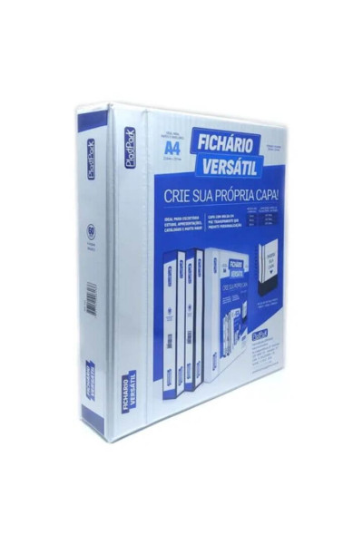 FICHÁRIO VERSÁTIL 60MM C/4 ARGOLAS, EM PVC BRANCO, CAPA E DORSO PERSONALIZÁVEL, CAPACIDADE P/420 FLS, FORMATO A4