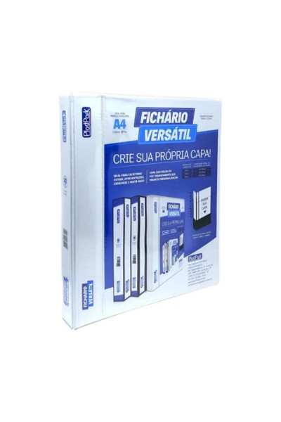 FICHÁRIO VERSÁTIL 40MM C/4 ARGOLAS, EM PVC BRANCO, CAPA E DORSO PERSONALIZÁVEL, CAPACIDADE P/240 FLS, FORMATO A4