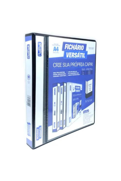 FICHÁRIO VERSÁTIL 40MM, C/4 ARGOLAS, EM PVC PRETO, CAPA E DORSO PERSONALIZÁVEL, CAPACIDADE P/240 FLS, FORMATO A4